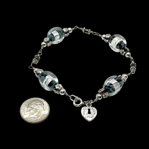 Lampwork Glass Foil Bead Bracelet Silver Tone Green Linked Handmade Boho Art - Picture 2 of 7